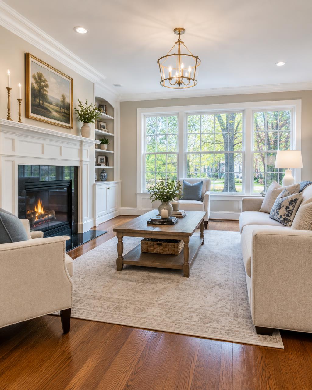 Bright living room with a fireplace and hardwood floors, staged for sale